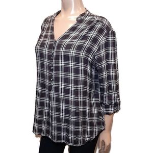 Lord & Taylor Metallic Plaid Boyfriend Shirt Roll Tab Sleeve Black Size Large